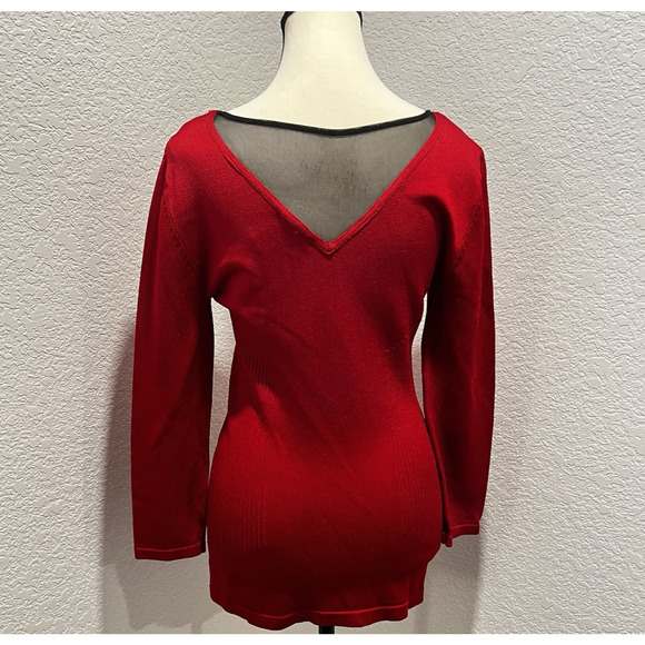 Cache Red Ribbed Knit Black Sheer V Neck Sweater Women's Size Medium Holiday - Picture 3 of 7